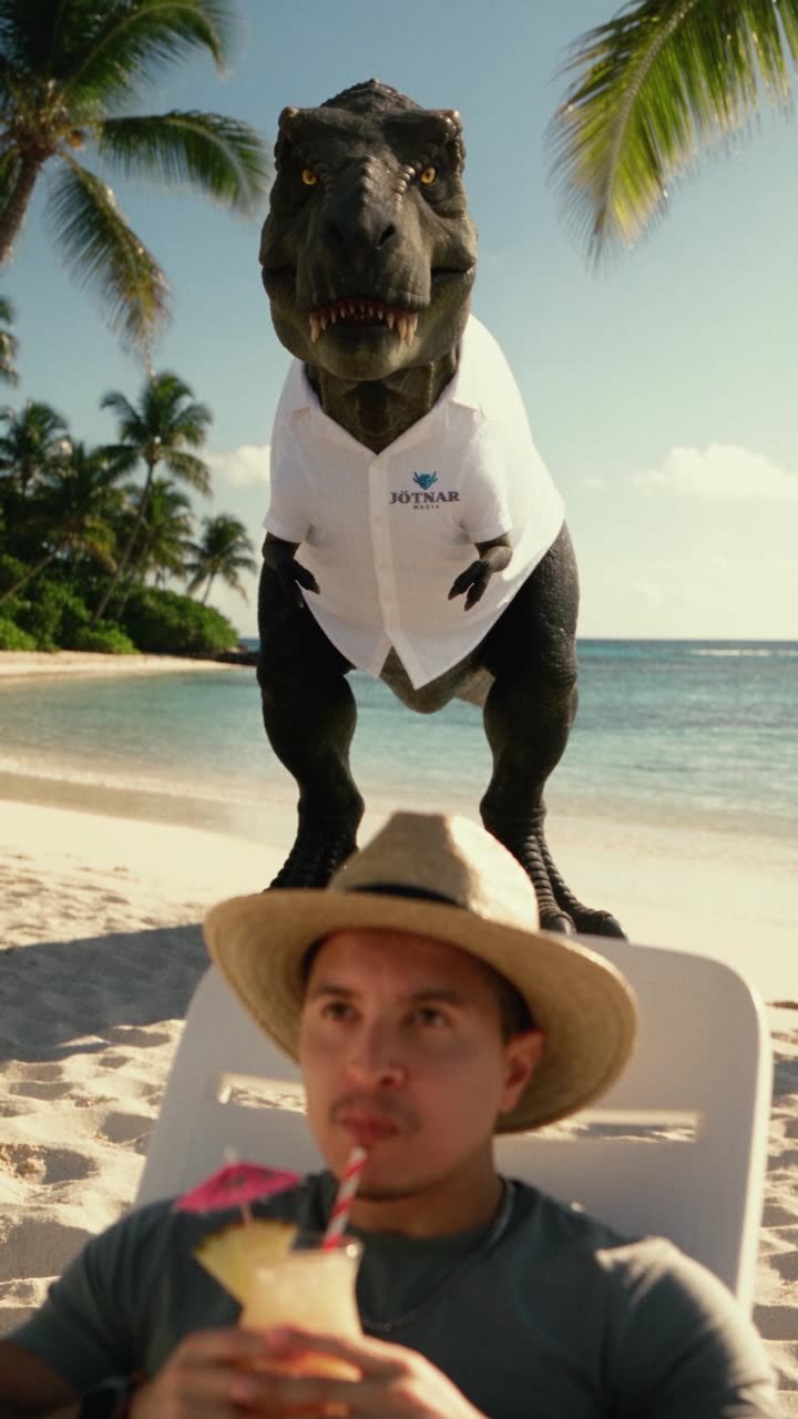 A T-rex in a Jötnar Media shirt looms behind a man with a cocktail on a beach